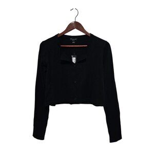 PrettyLittleThing Petite Black Basic Fine Knit Button Up Cropped Cardigan - Size